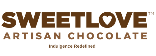 Logo for Sweetlove Artisan Chocolate LLC. Brown and cream color bold text with phrase "Indulgence Refined" written underneath.